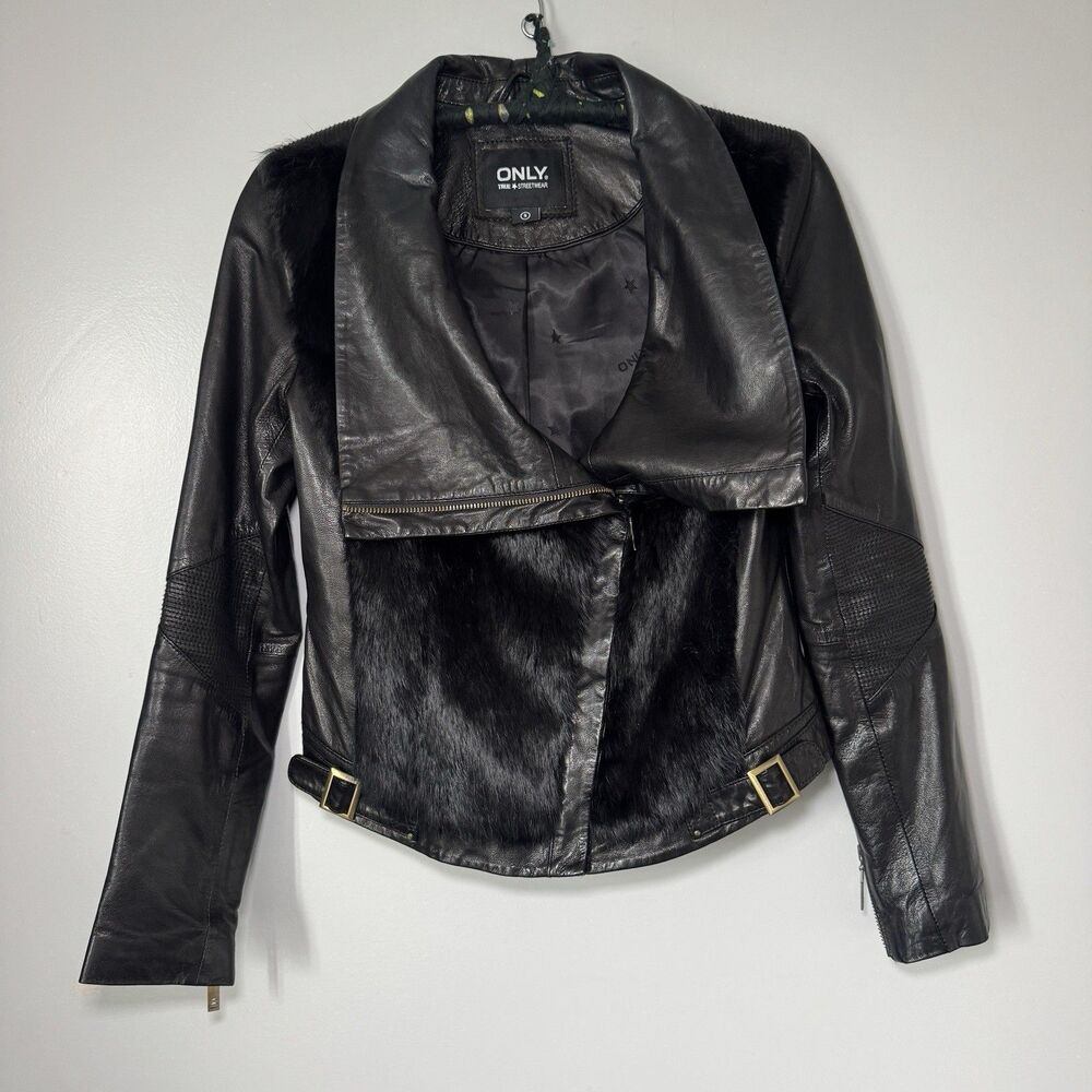 Women's Genuine Rabbit Fur Black Asymmetrical Zip Buckle Perforated Leather Jack
